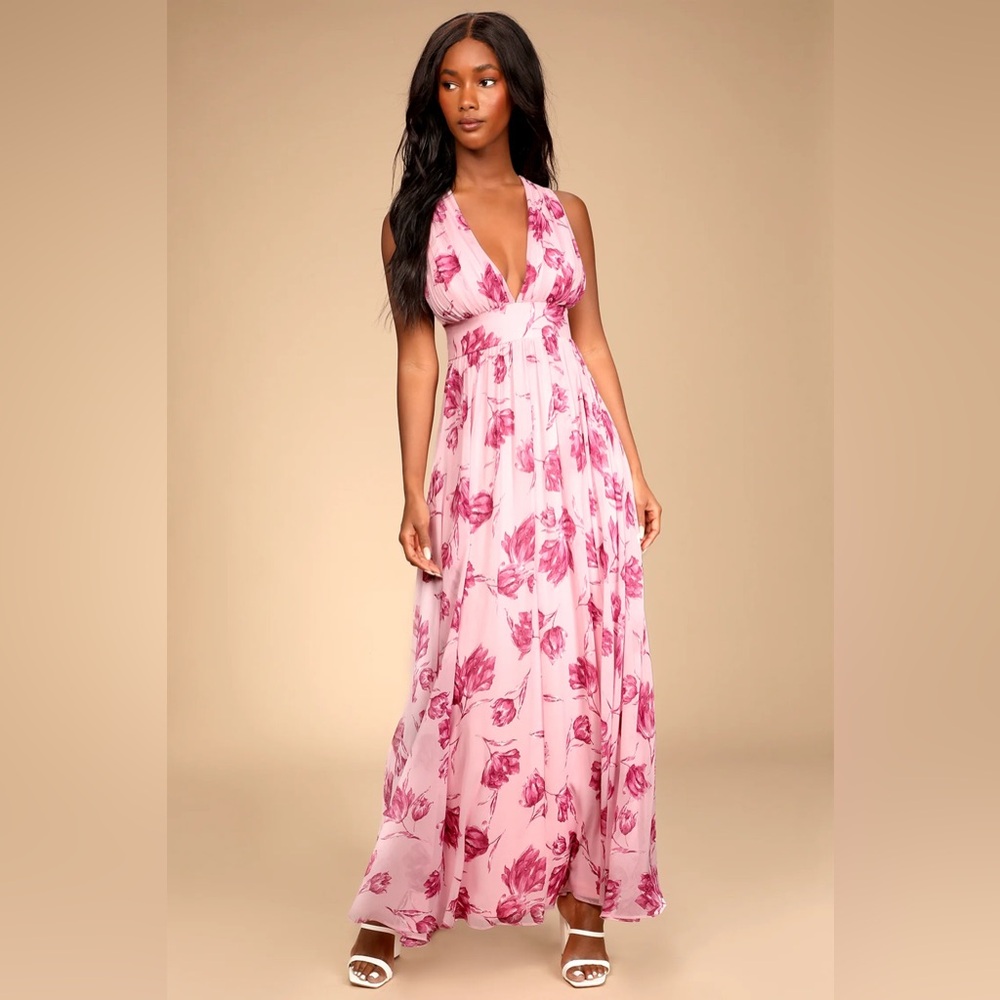Lulu’s Reverie of Romance Pink Floral Print Empire Waist Maxi Dress, Size M